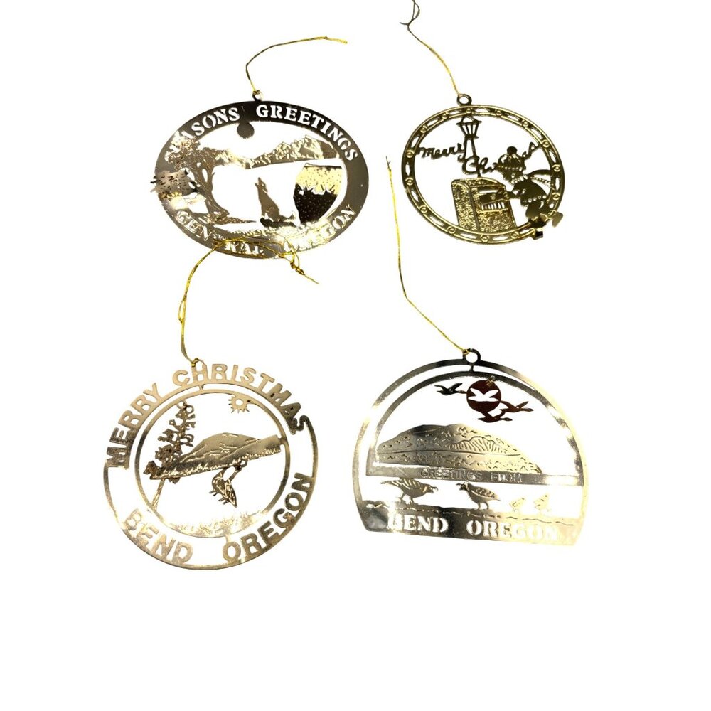 Vtg Set of Gold Metal Christmas Ornaments Bend Oregon‎